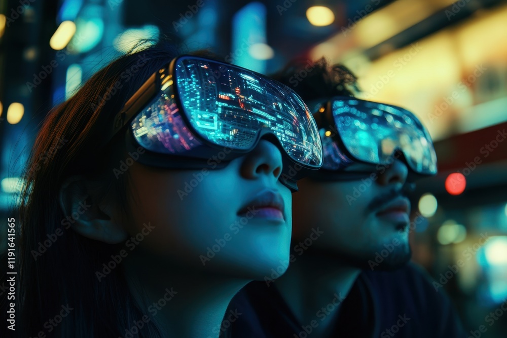 Young adults experiencing virtual reality in a neon-lit environment at night Young adults experiencing virtual reality in a neon-lit environment at night