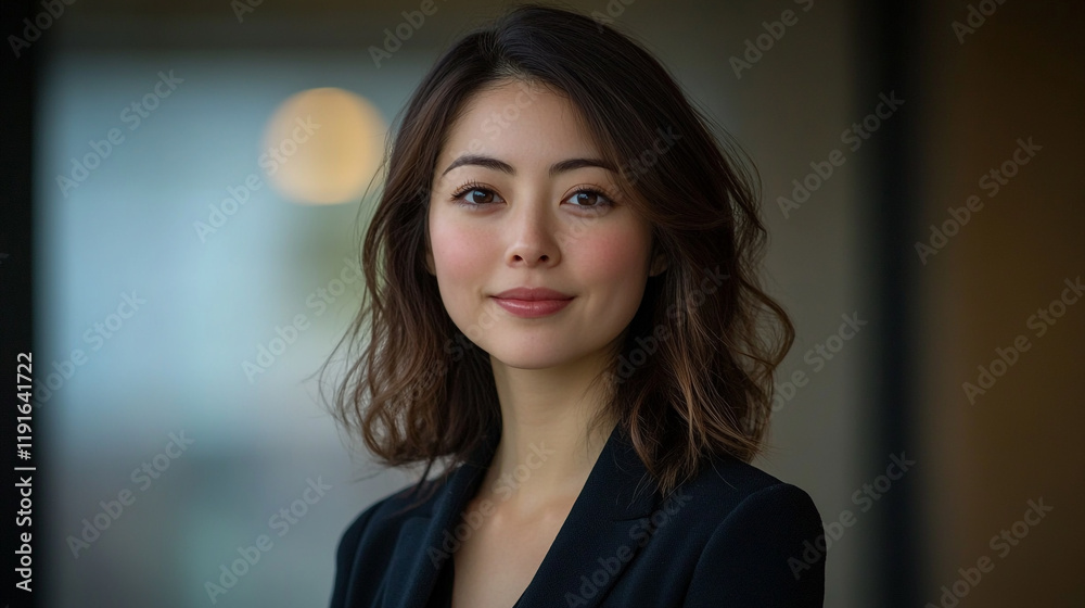 Woman with wavy hair in formal attire poses confidently in a bright indoor setting Woman with wavy hair in formal attire poses confidently in a bright indoor setting