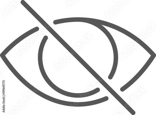 Simple, gray, crossed out eye icon symbolizing blindness, invisibility, or lack of vision, ideal for conveying concepts related to sightlessness, privacy, or hidden information