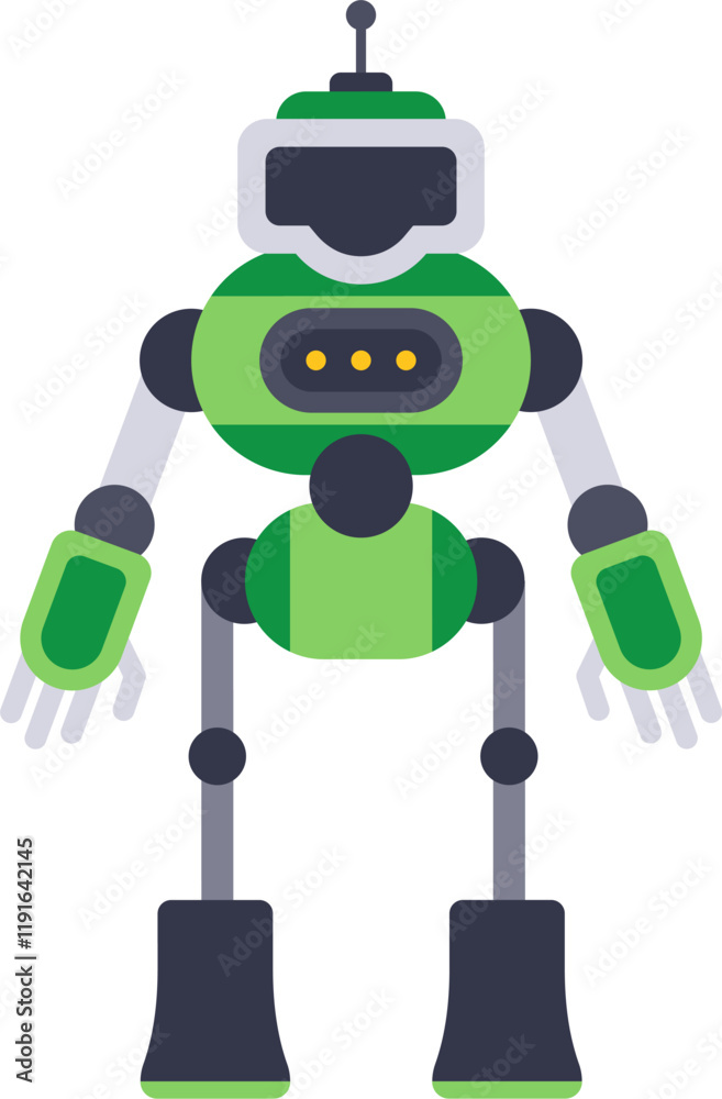 Green and gray robot standing with antenna and lights on its chest, arms extended, in a white background, ideal for technology, innovation and future concepts Green and gray robot standing with antenna and lights on its chest, arms extended, in a white background, ideal for technology, innovation and future concepts