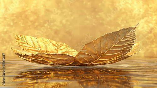 Luxurious leafy platform on golden background jpg by generative a.i. Goldenleaf. Illustration photo