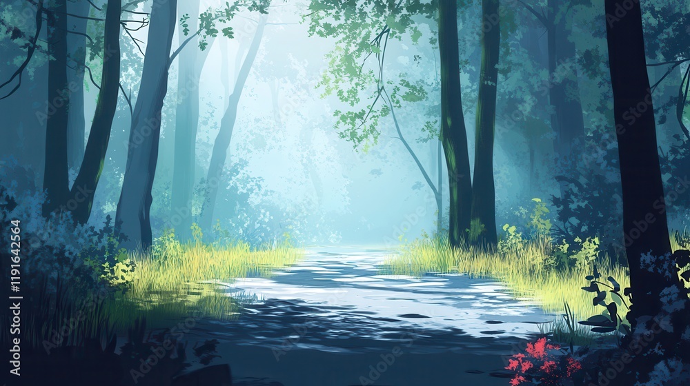 Obraz premium Serene Forest Stream Tranquil Mist Morning Path