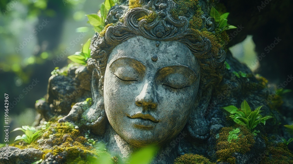 Serene Stone Buddha Statue Overgrown With Moss Serene Stone Buddha Statue Overgrown With Moss