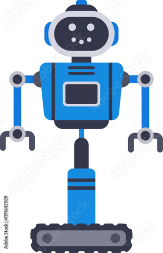 Modern blue robot standing on caterpillar wheels, featuring claws and embodying a futuristic artificial intelligence concept against a clean white background