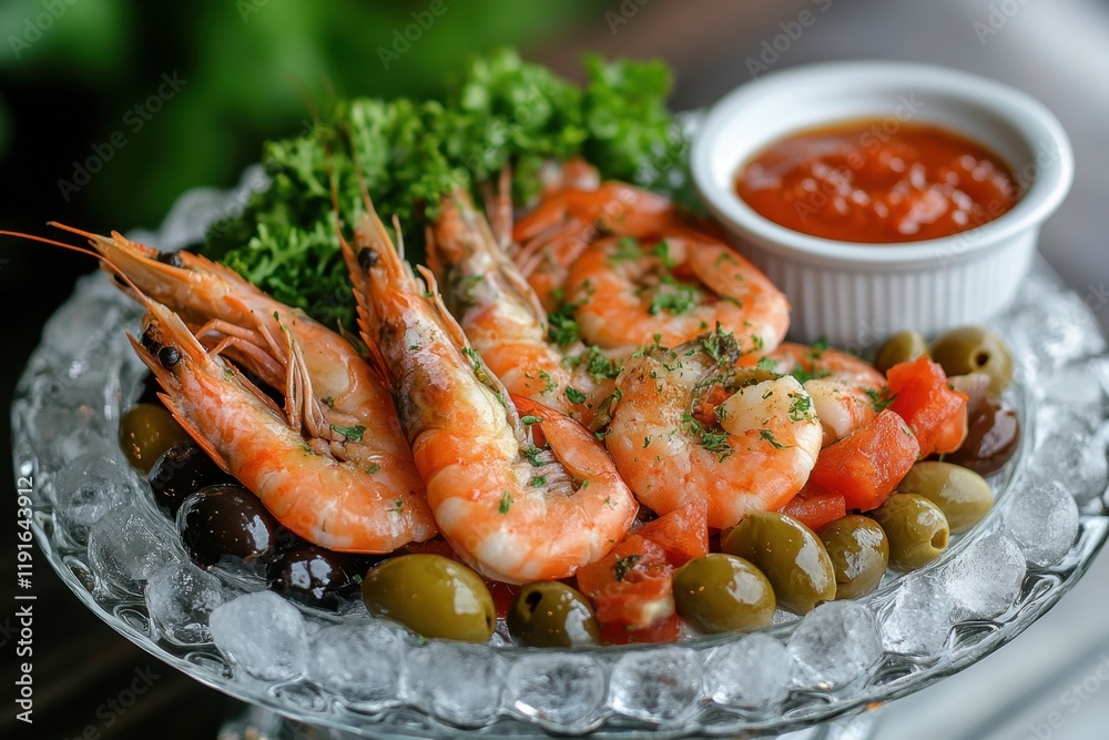Fresh Shrimp and Vegetables on a Glass Plate with Ice, Served with a White Bowl of Sauce. Fresh Shrimp and Vegetables on a Glass Plate with Ice, Served with a White Bowl of Sauce.