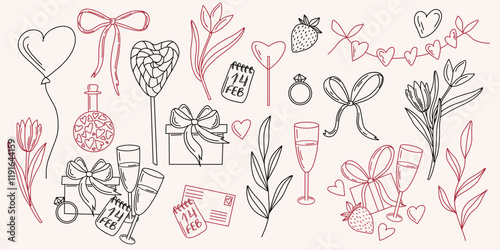 Wallpaper Mural Hand drawn vector Valentines Day elements in outline style. Hearts, flowers, gift box, calendar, ring, glass, and ribbon in black and red colors. Illustration for cards, prints, templates, posters Torontodigital.ca