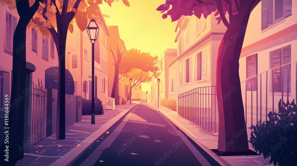 Fototapeta premium Sunlit Autumn Street Scene European Village Setting