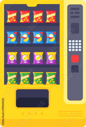Vending machine offering a wide variety of colorful chips bags, featuring a digital display and a keypad for selection, providing a convenient snacking option