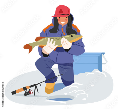 Woman fisher cartoon character holding caught pike in hand enjoying successful fishing activity
