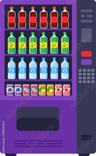 Vending machine offering a variety of drinks including soda, water, juice, and other beverages, providing convenient refreshment for consumers