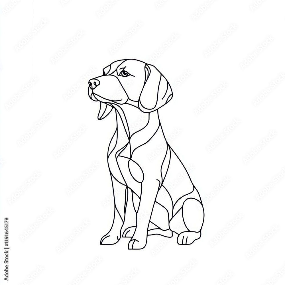Fototapeta premium Beagle dog line art, sitting, white background, pet illustration, greeting card