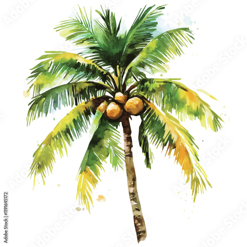 A watercolor vector of a coconut tree, isolated on a white background. Coconut tree vector.
