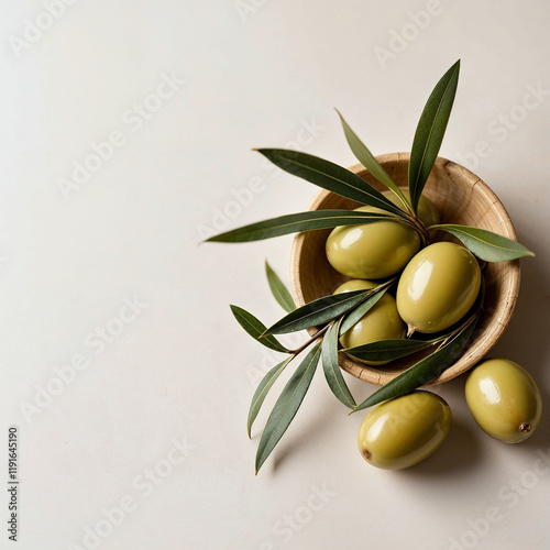 Concept photo of olives, branch with olives, olive leaves, olive oil with space for text