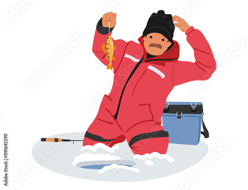 Confused fisherman cartoon character feeling discouraged caught little fish during winter fishing