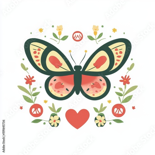 A modern, hand-drawn illustration of a groovy butterfly in a pop art style from the 60s and 70s. Emphasizing peace and Pacific themes. photo