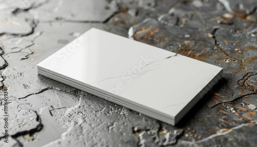 A white business card sits on a grey stone surface photo