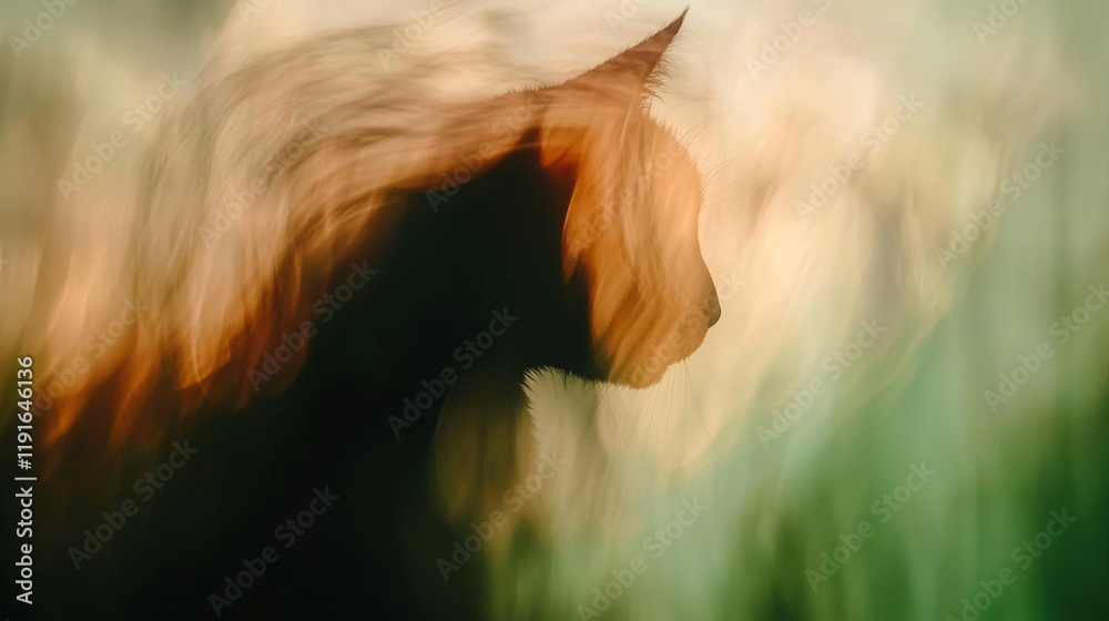 Artistic double exposure image featuring a black cat silhouette, blending with an ethereal orange and green background, creating a dreamlike and mysterious atmosphere Artistic double exposure image featuring a black cat silhouette, blending with an ethereal orange and green background, creating a dreamlike and mysterious atmosphere
