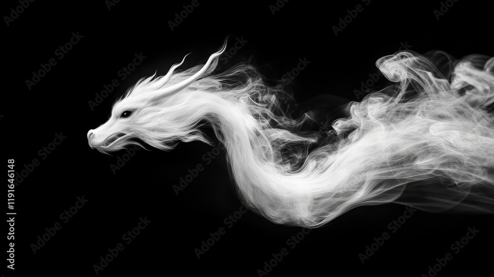 Obraz premium Ethereal white dragon formed from swirling smoke on black background