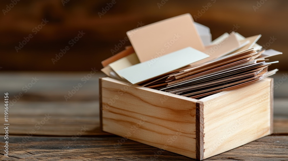 Fototapeta premium Wooden box filled with various color samples on rustic table