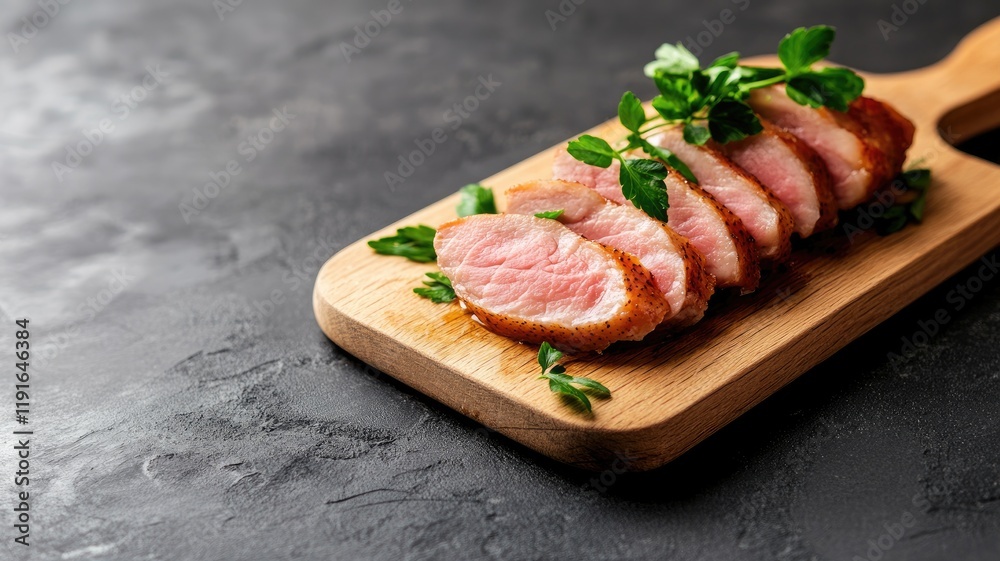 Sliced cooked meat on wooden board with herbs Sliced cooked meat on wooden board with herbs