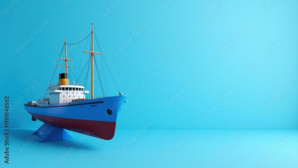 Imperial blue naval ship on left. Soft red background. Copy space for text, 3D render AI Generated Designer Element Imperial blue naval ship on left. Soft red background. Copy space for text, 3D render AI Generated Designer Element