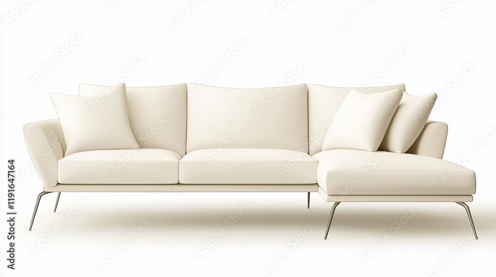 Fototapeta premium Modern off-white sectional sofa with chaise lounge and pillows on white background.