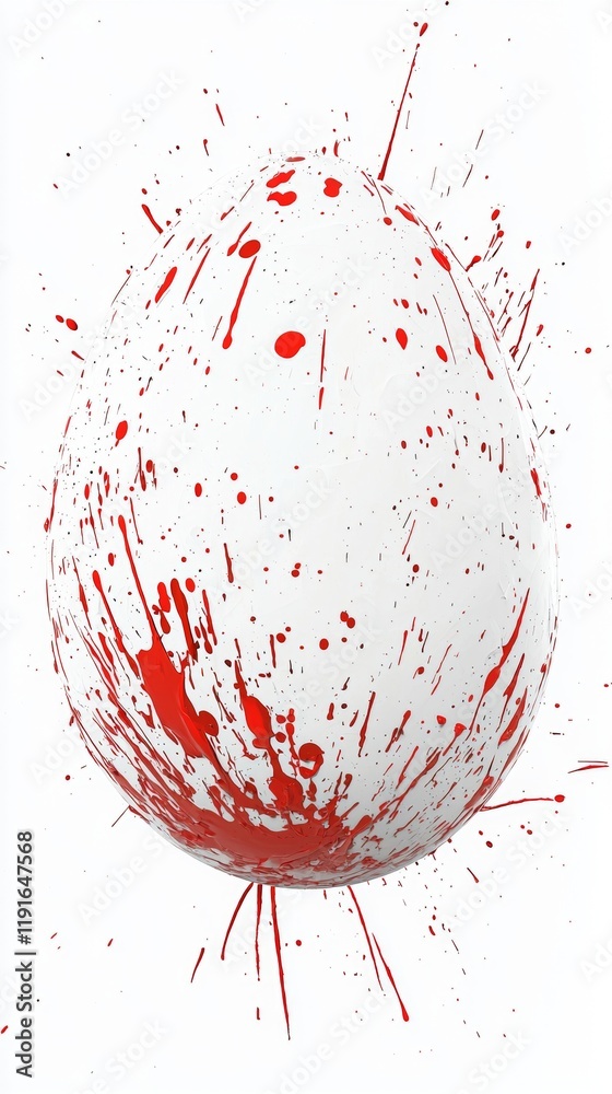 Fototapeta premium Red paint splattering on a white easter egg creating a vibrant and artistic mess against a clean white background, symbolizing a unique and messy celebration