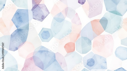 Abstract watercolor geometric pattern with overlapping shapes in pastel shades of blue, pink, and purple on a white background