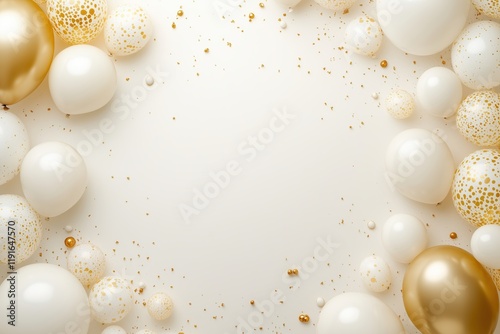 Moldura de balões dourados, brancos e transparentes com detalhes brilhantes, fundo claro e elegante, design decorativo criado com IA generativa