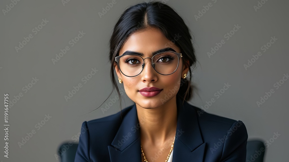 Close-up portrait of a young professional woman with dark hair and glasses, wearing a navy blue blazer against a plain gray background Close-up portrait of a young professional woman with dark hair and glasses, wearing a navy blue blazer against a plain gray background