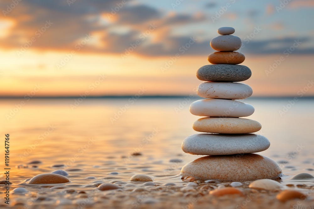 Fototapeta premium Beach sunset, stacked stones, calm water, serenity, meditation