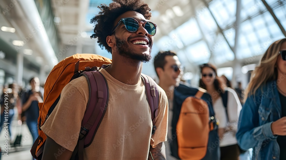 Fototapeta premium On a sunny summer day, a group of young professionals with stylish backpacks and sunglasses laugh and chat as they walk through a bustling airport terminal