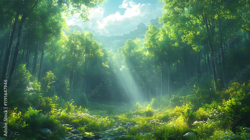 Obraz premium Sunbeams illuminate lush mountain forest stream