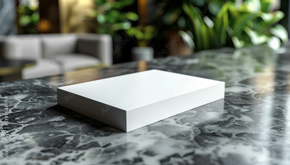 A white box sits on a marble countertop A white box sits on a marble countertop