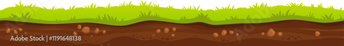Seamless cartoon soil and grass with rocks, ground surface with stones, underground layers, earth texture, nature background, vector illustration