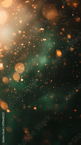 Golden particles cascading downwards create a mesmerizing bokeh effect against a dark green background, enhancing festive and celebratory designs with a touch of elegance
