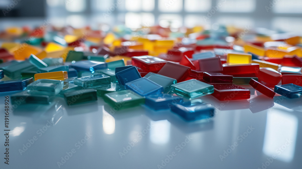 Obraz premium An assortment of glass mosaic tiles in vibrant shades of blue, red, yellow, and green, scattered across a crisp white table, glimmering as light bounces off their polished edges.