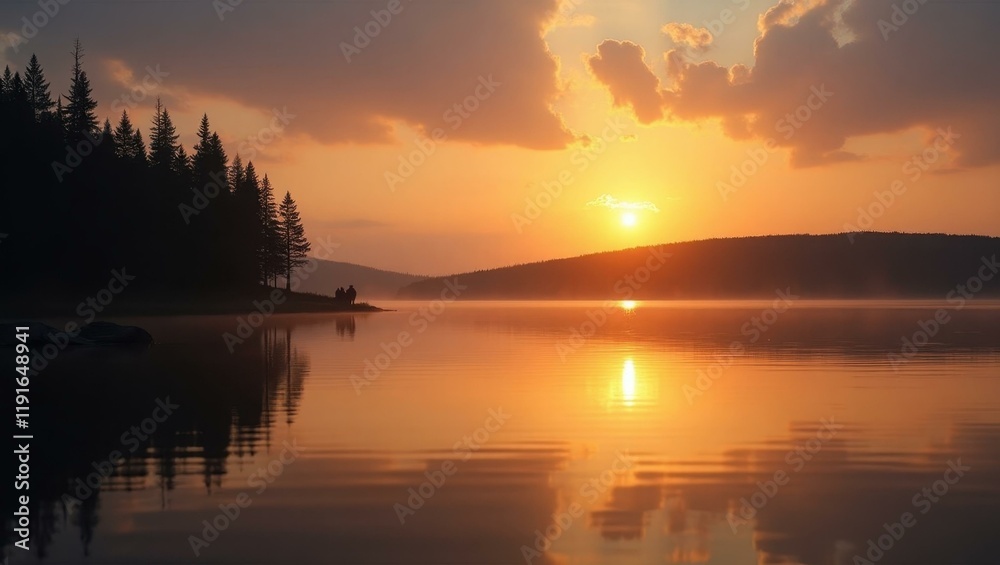 Naklejka premium Evening Glow. Sunset over tranquil lake with pine forest and mist calm