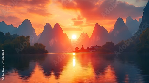 Sunset over karst mountains, river reflection, China, peaceful scene, travel poster