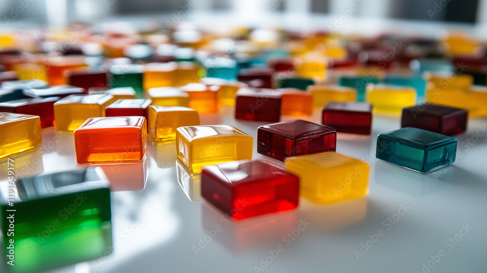 A striking display of multi-colored glass mosaic tiles scattered on a white table, with natural light reflecting off their smooth, glossy surfaces, highlighting their vibrant hues. A striking display of multi-colored glass mosaic tiles scattered on a white table, with natural light reflecting off their smooth, glossy surfaces, highlighting their vibrant hues.