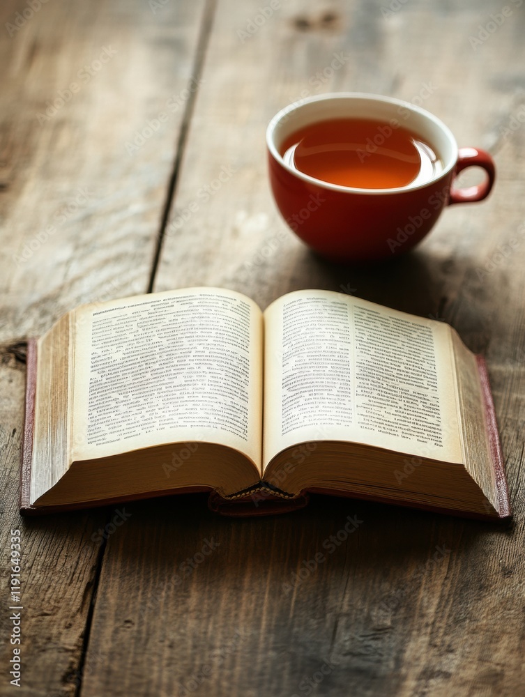 Naklejka premium Cozy setting with open book and cup of tea on wooden table inviting relaxation and reflection. Generative AI