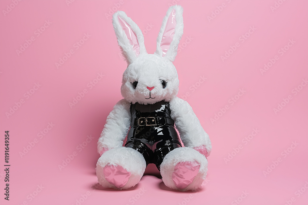 Fototapeta premium Soft plush bunny-girl toy dressed in shiny black outfit on a pink backdrop