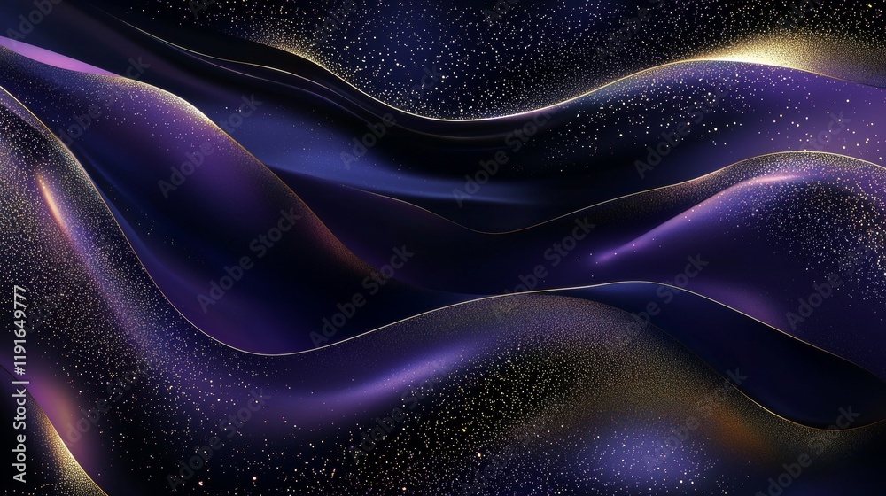 Obraz premium Golden particles are flowing over purple abstract waves creating a luxurious and elegant background, perfect for projects related to technology, fashion, or luxury