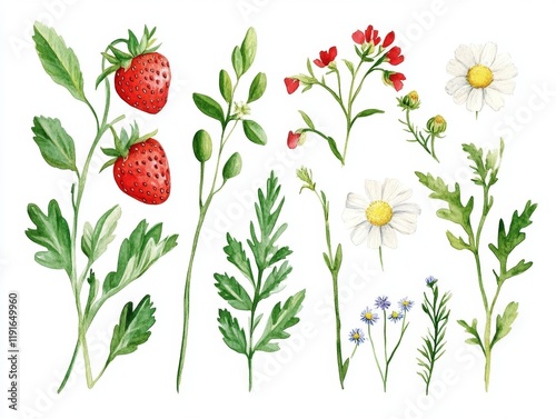 Watercolor Summer Collection of Wildflowers with Leaves, Strawberry, Flowers, Branches, Poppy, Cornflower, and Chamomile for Botanical Illustrations