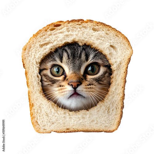 Cat's face peeking through a slice of bread creates a humorous and whimsical scene indoors