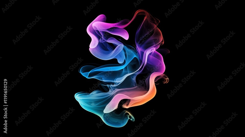 Colorful smoke swirling into abstract shapes against a black background, featuring a vibrant gradient of pink, purple, blue, and orange, ideal for various design projects Colorful smoke swirling into abstract shapes against a black background, featuring a vibrant gradient of pink, purple, blue, and orange, ideal for various design projects
