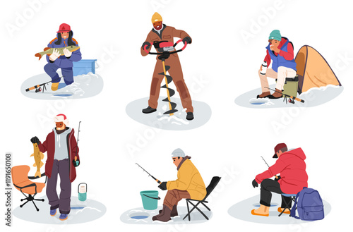 People cartoon fisher character enjoying winter fishing hobby activity on frozen lake or river