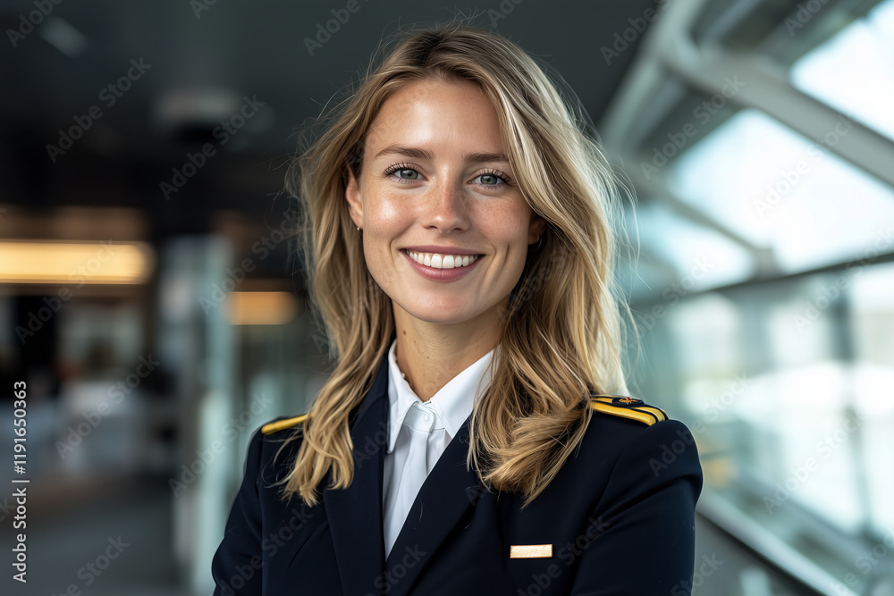 Naklejka premium Confident stewardess showcases professionalism in modern airport environment during daylight