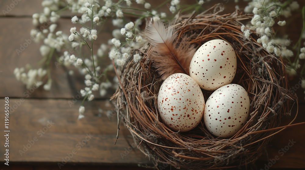 Easter eggs in a decorative nest with flowers and feather on a dark wooden table. Natural solid colors, rustic style. Copy space for your text