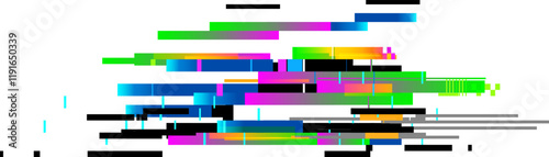 Digital distortion generating a glitch effect with colorful horizontal lines and pixelated squares, ideal for technology, internet or error concepts